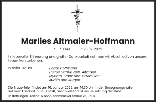 Traueranzeige von Marlies Altmaier-Hoffmann von saarbruecker_zeitung