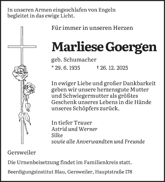 Traueranzeige von Marliese Goergen von saarbruecker_zeitung