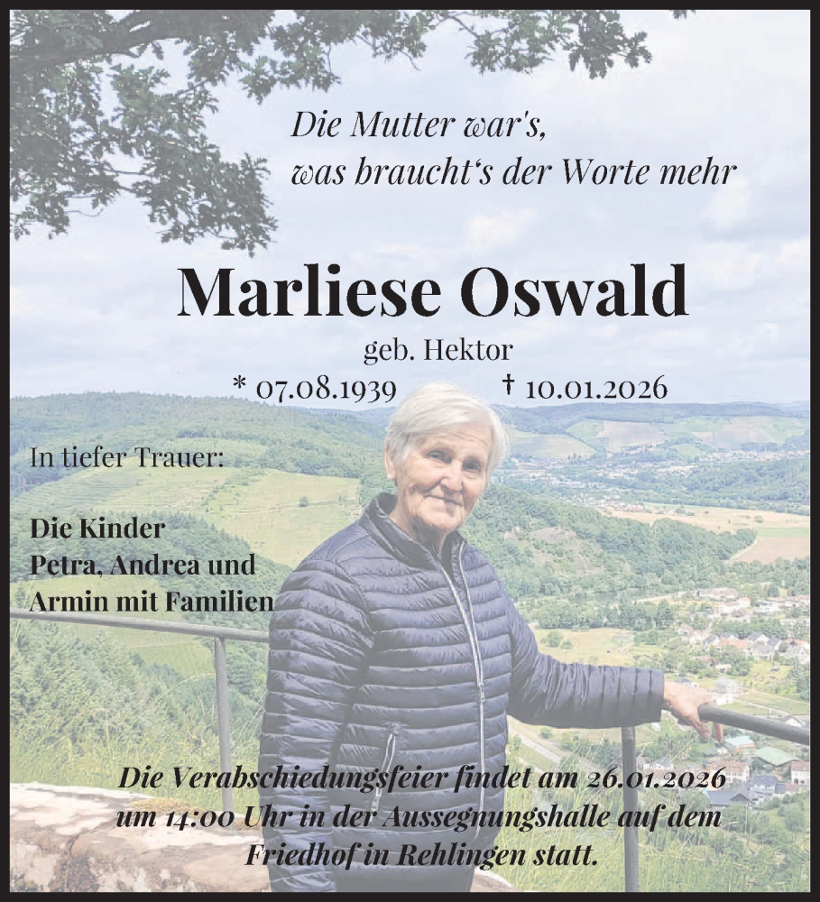  Traueranzeige für Marliese Oswald vom 24.01.2026 aus saarbruecker_zeitung