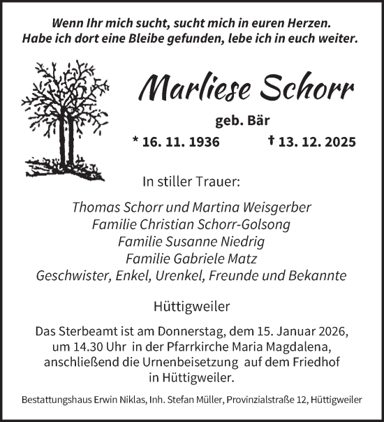 Traueranzeige von Marliese Schorr von saarbruecker_zeitung