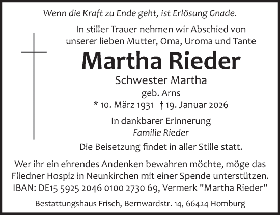 Traueranzeige von Martha Rieder von saarbruecker_zeitung