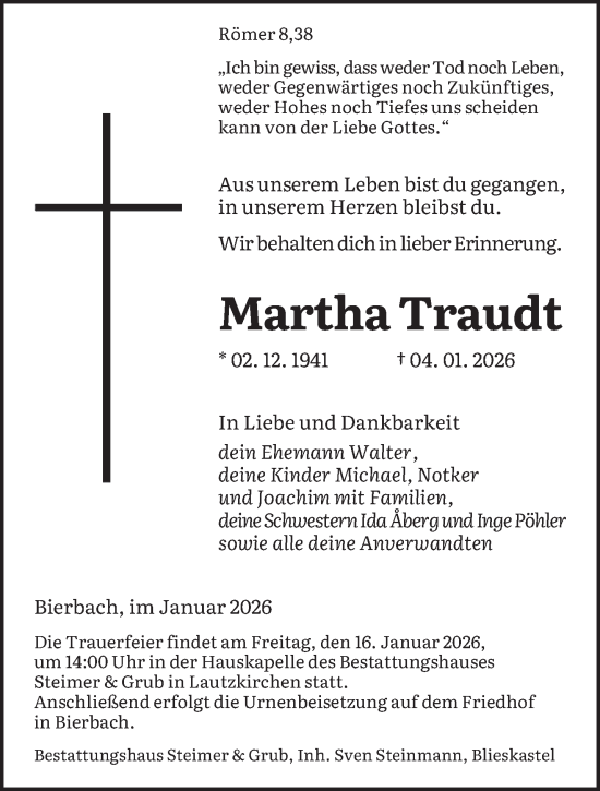 Traueranzeige von Martha Traudt von saarbruecker_zeitung
