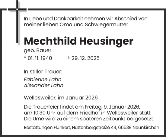 Traueranzeige von Mechthild Heusinger von saarbruecker_zeitung