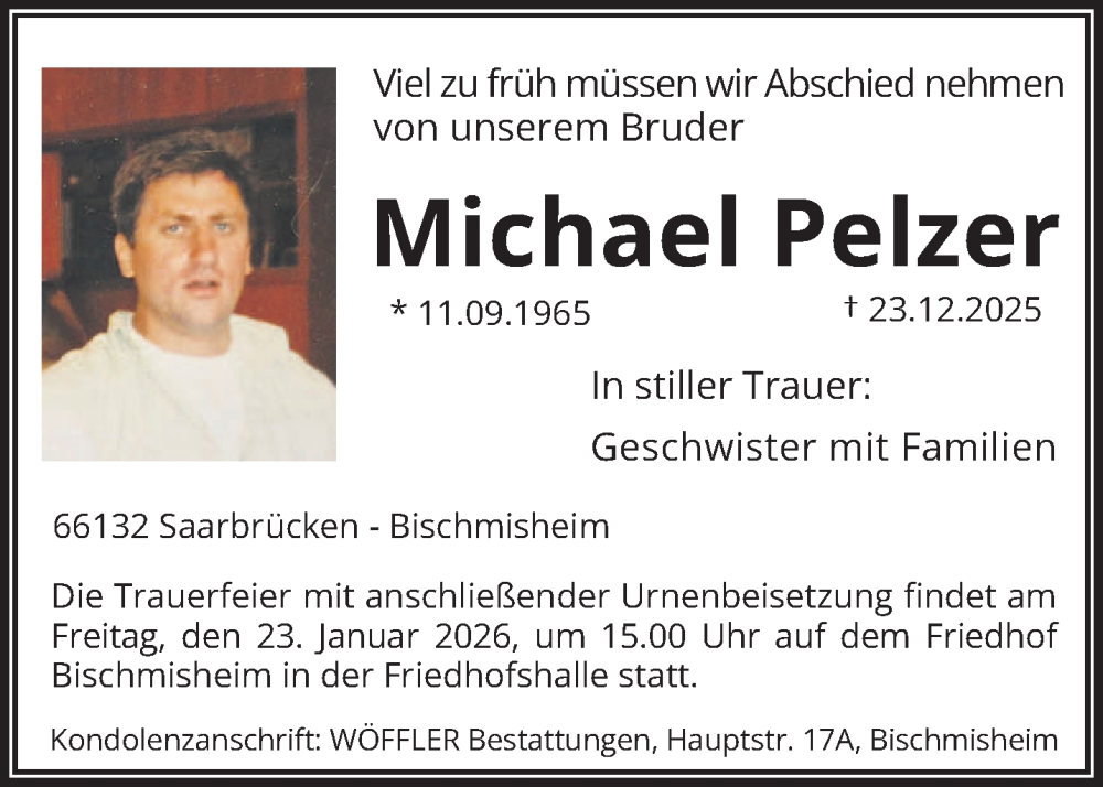  Traueranzeige für Michael Pelzer vom 17.01.2026 aus saarbruecker_zeitung