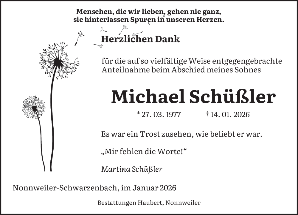  Traueranzeige für Michael Schüßler vom 28.01.2026 aus saarbruecker_zeitung