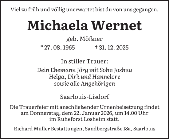 Traueranzeige von Michaela Wernet von saarbruecker_zeitung