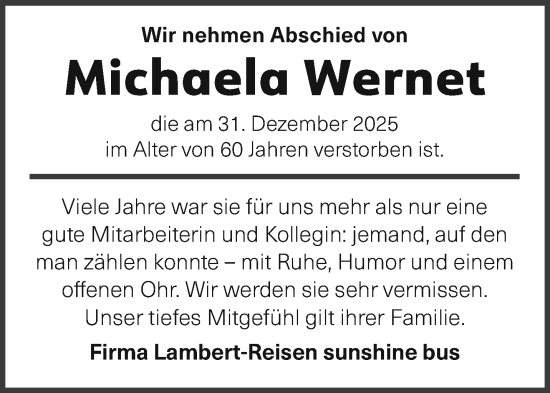 Traueranzeige von Michaela Wernet von saarbruecker_zeitung