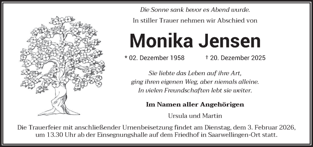  Traueranzeige für Monika Jensen vom 17.01.2026 aus saarbruecker_zeitung