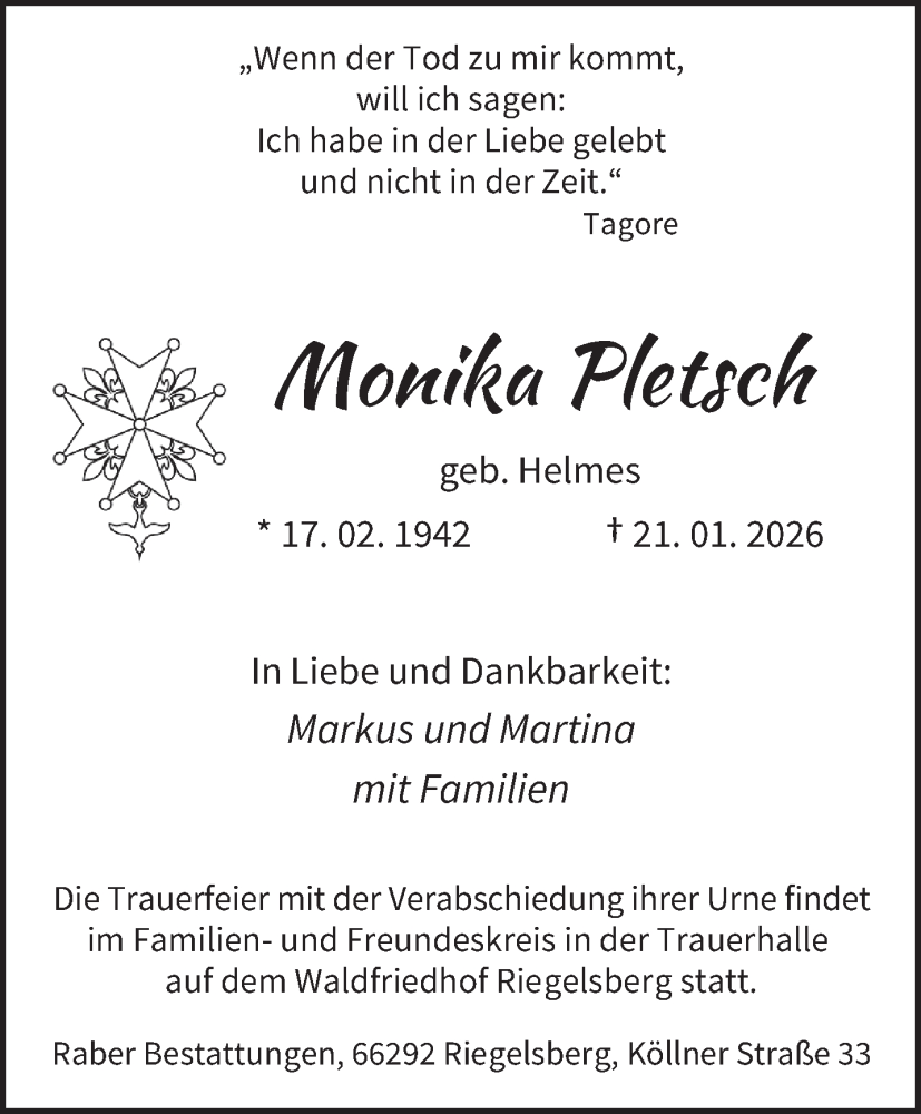  Traueranzeige für Monika Pletsch vom 24.01.2026 aus saarbruecker_zeitung
