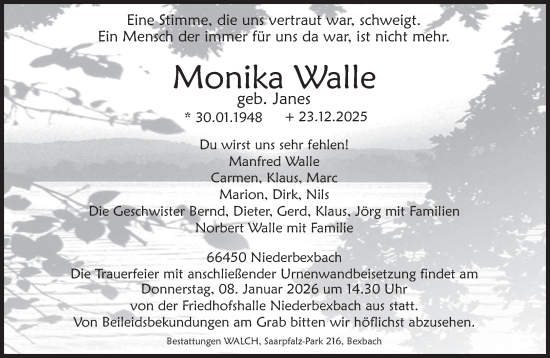 Traueranzeige von Monika Walle von saarbruecker_zeitung