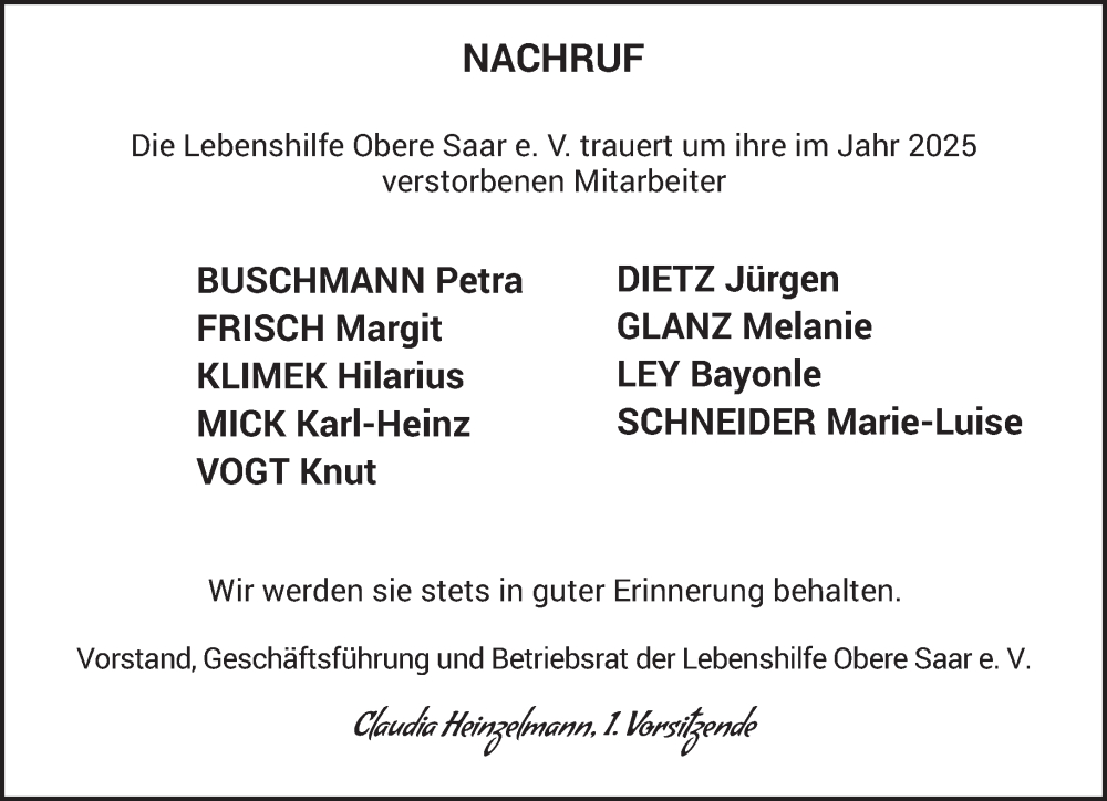  Traueranzeige für Nachruf  vom 21.01.2026 aus saarbruecker_zeitung