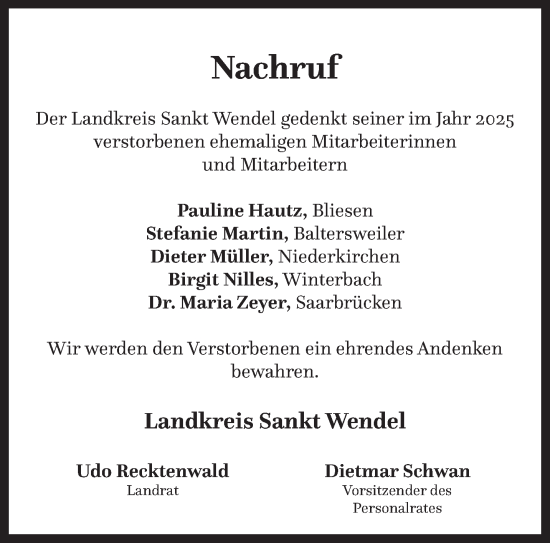 Traueranzeige von Nachruf Landkreis Sankt Wendel von saarbruecker_zeitung