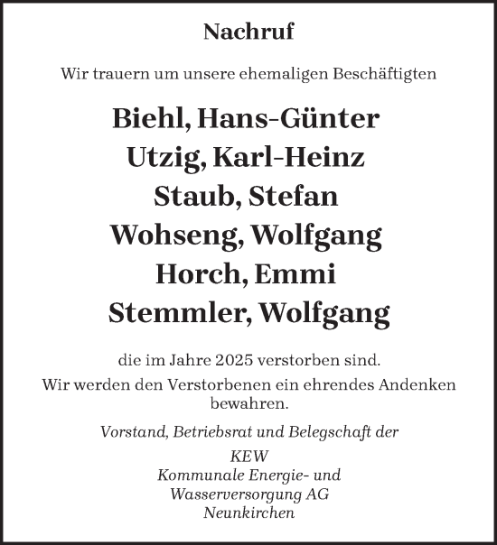 Traueranzeige von Nachruf Vorstand, Betriebsrat und Belegschaft der KEW Kommunale Energie- und Wasserversorgung AG von saarbruecker_zeitung