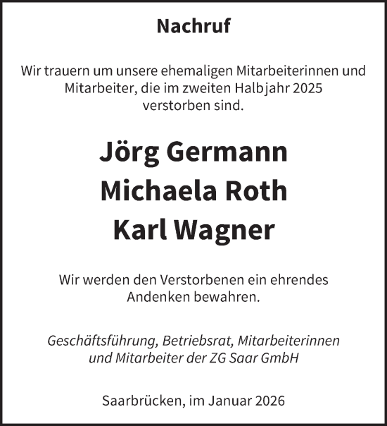 Traueranzeige von Nachruf ZG Saar GmbH von saarbruecker_zeitung