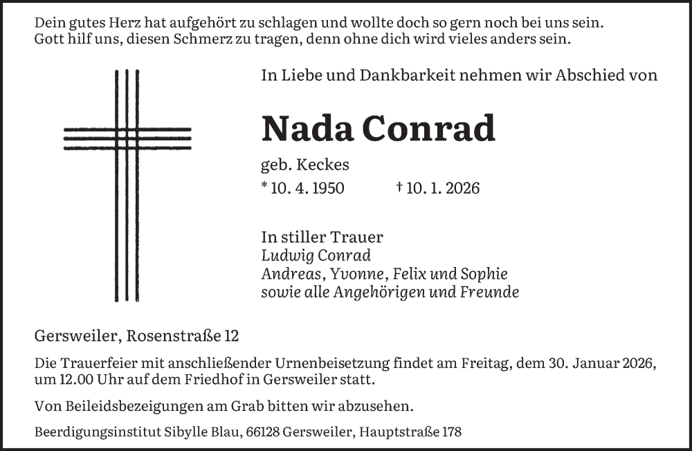  Traueranzeige für Nada Conrad vom 24.01.2026 aus saarbruecker_zeitung