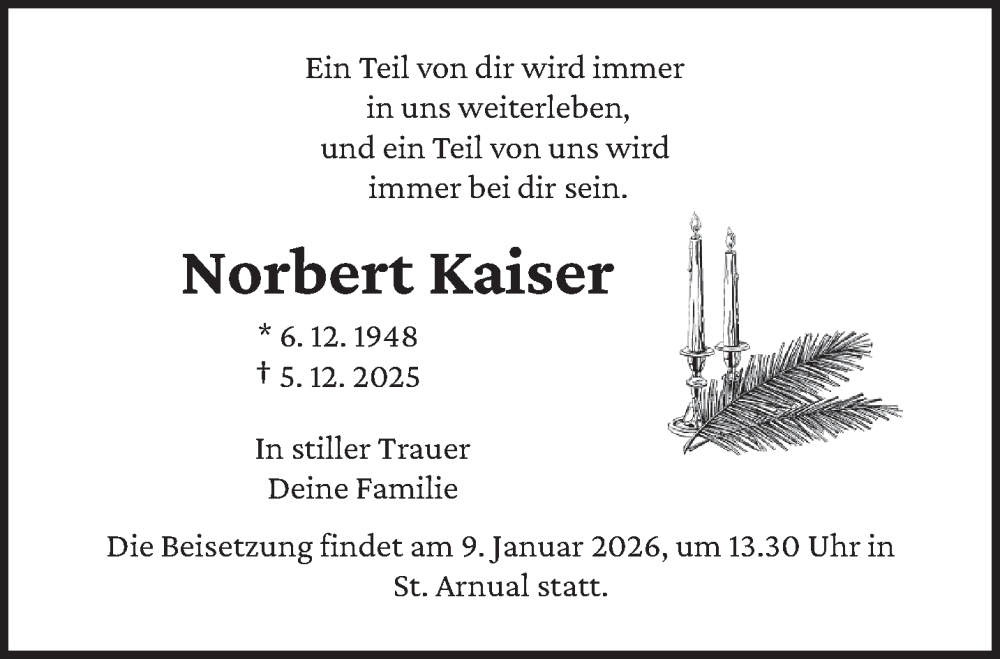  Traueranzeige für Norbert Kaiser vom 03.01.2026 aus saarbruecker_zeitung