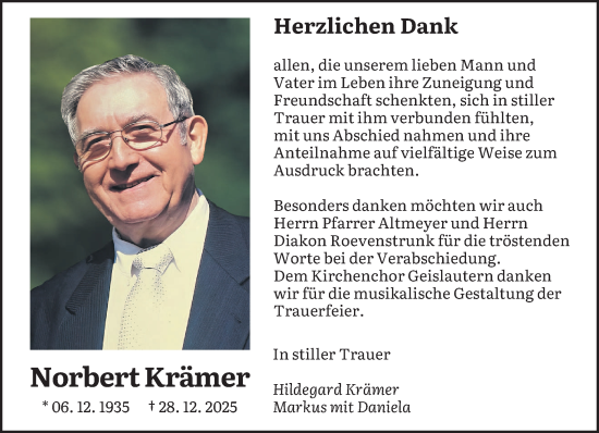 Traueranzeige von Norbert Krämer von saarbruecker_zeitung