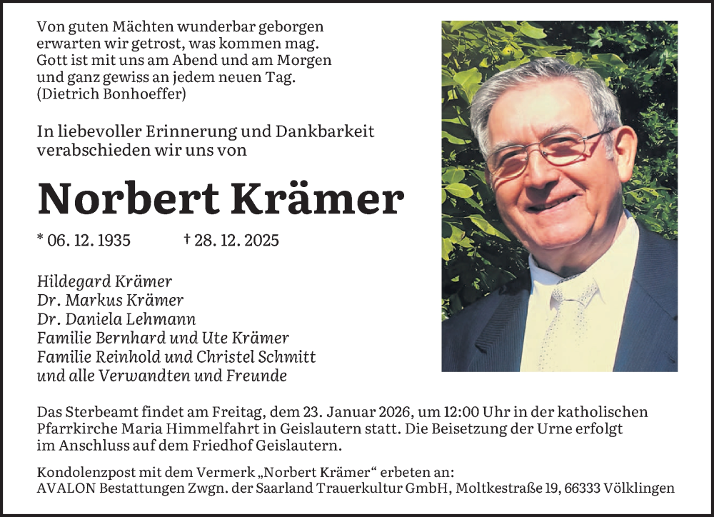  Traueranzeige für Norbert Krämer vom 10.01.2026 aus saarbruecker_zeitung