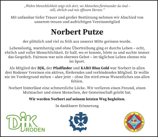 Traueranzeige von Norbert Putze von saarbruecker_zeitung