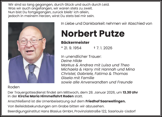 Traueranzeige von Norbert Putze von saarbruecker_zeitung