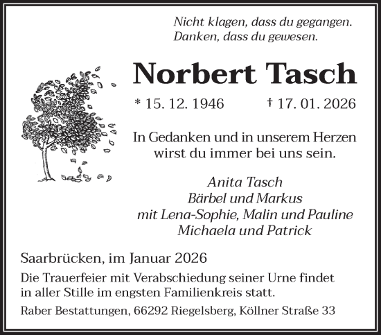 Traueranzeige von Norbert Tasch von saarbruecker_zeitung