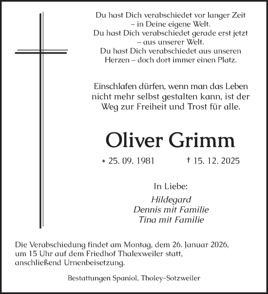 Traueranzeige von Oliver Grimm von saarbruecker_zeitung
