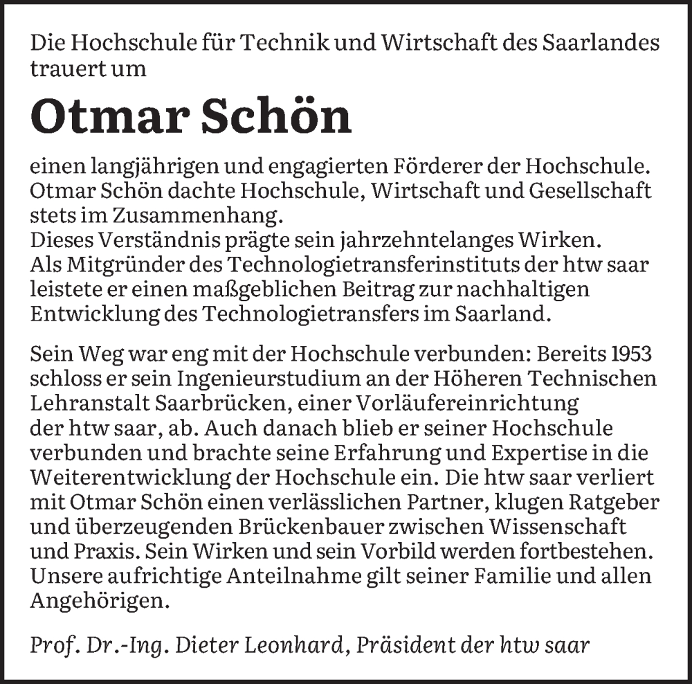  Traueranzeige für Otmar Schön vom 31.01.2026 aus saarbruecker_zeitung