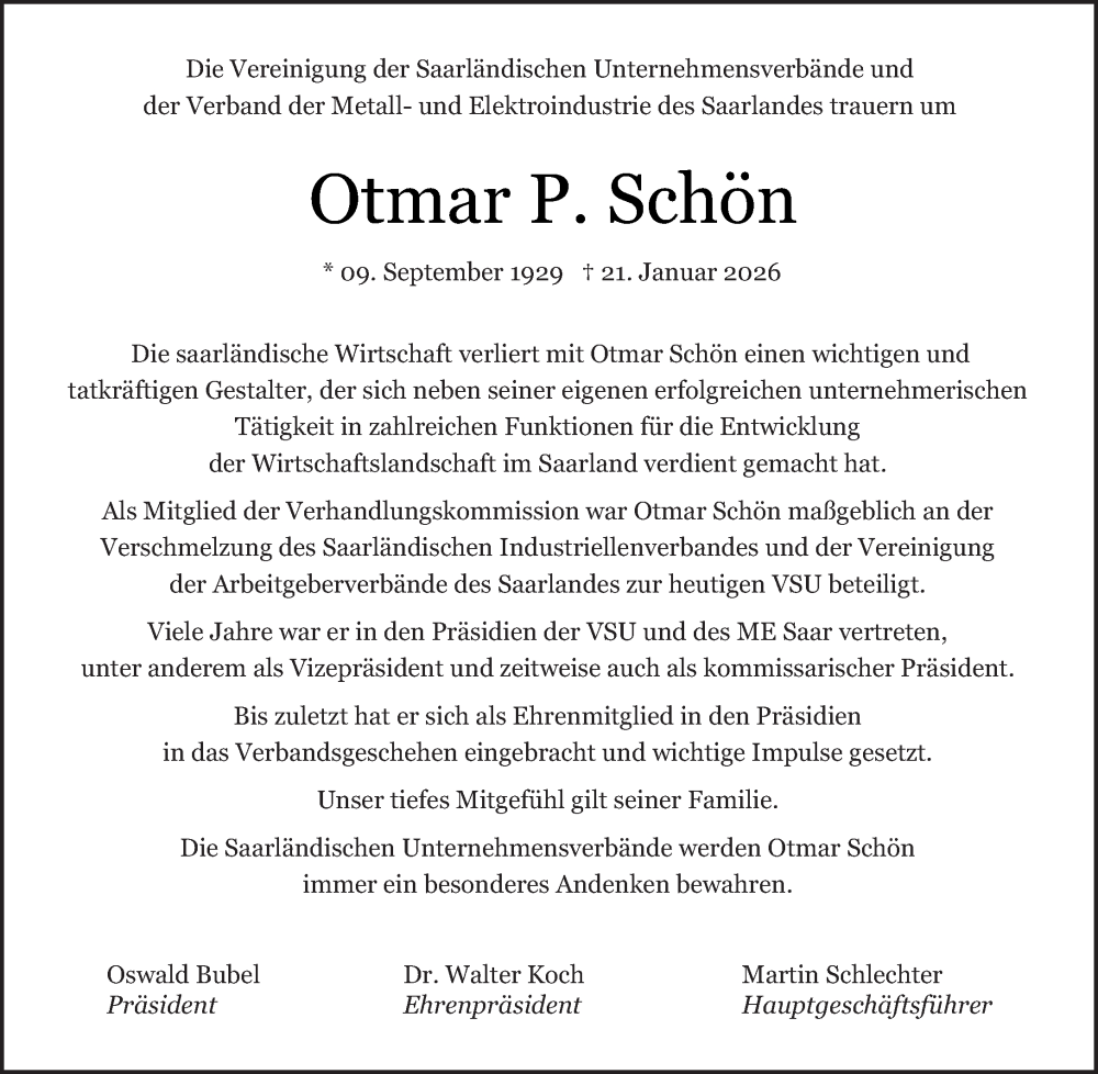  Traueranzeige für Otmar P. Schön vom 31.01.2026 aus saarbruecker_zeitung