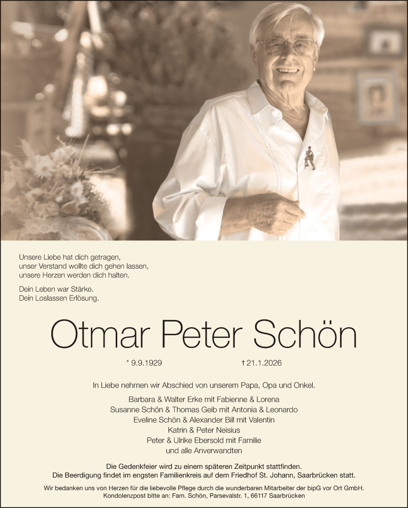  Traueranzeige für Otmar P. Schön vom 31.01.2026 aus saarbruecker_zeitung