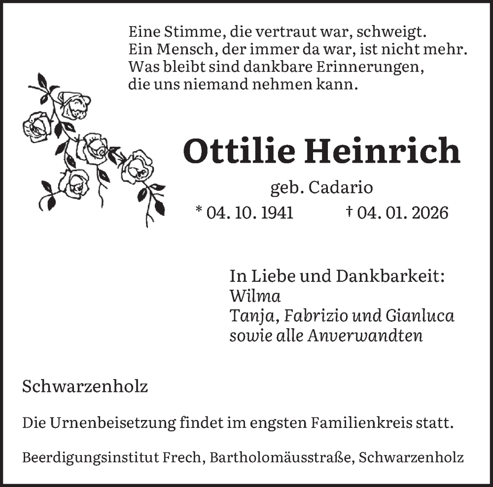  Traueranzeige für Ottilie Heinrich vom 10.01.2026 aus saarbruecker_zeitung