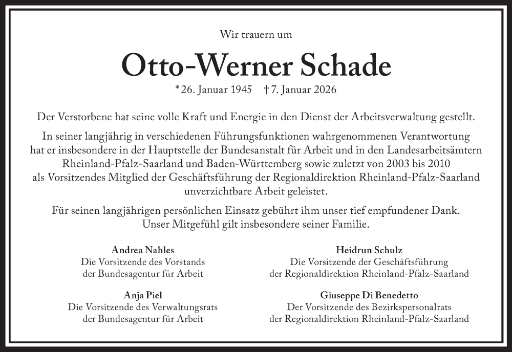  Traueranzeige für Otto-Werner Schade vom 17.01.2026 aus saarbruecker_zeitung