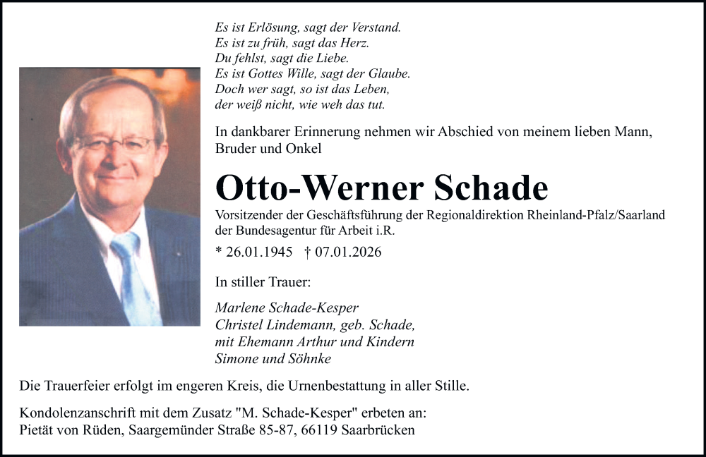  Traueranzeige für Otto-Werner Schade vom 17.01.2026 aus saarbruecker_zeitung