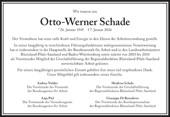 Traueranzeige von Otto-Werner Schade von saarbruecker_zeitung