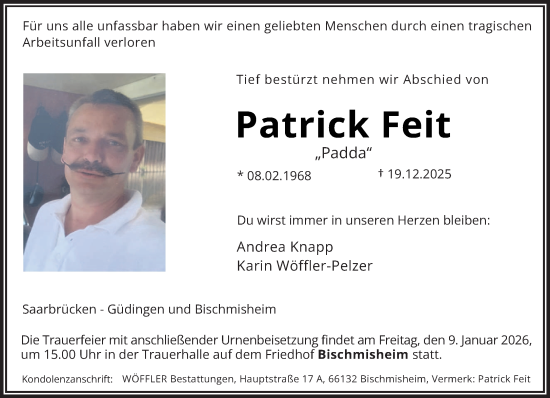 Traueranzeige von Patrick Feit von saarbruecker_zeitung