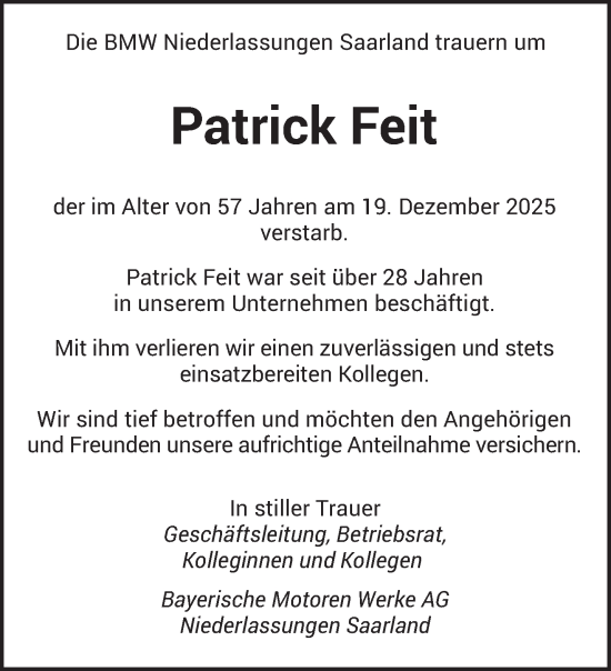 Traueranzeige von Patrick Feit von saarbruecker_zeitung