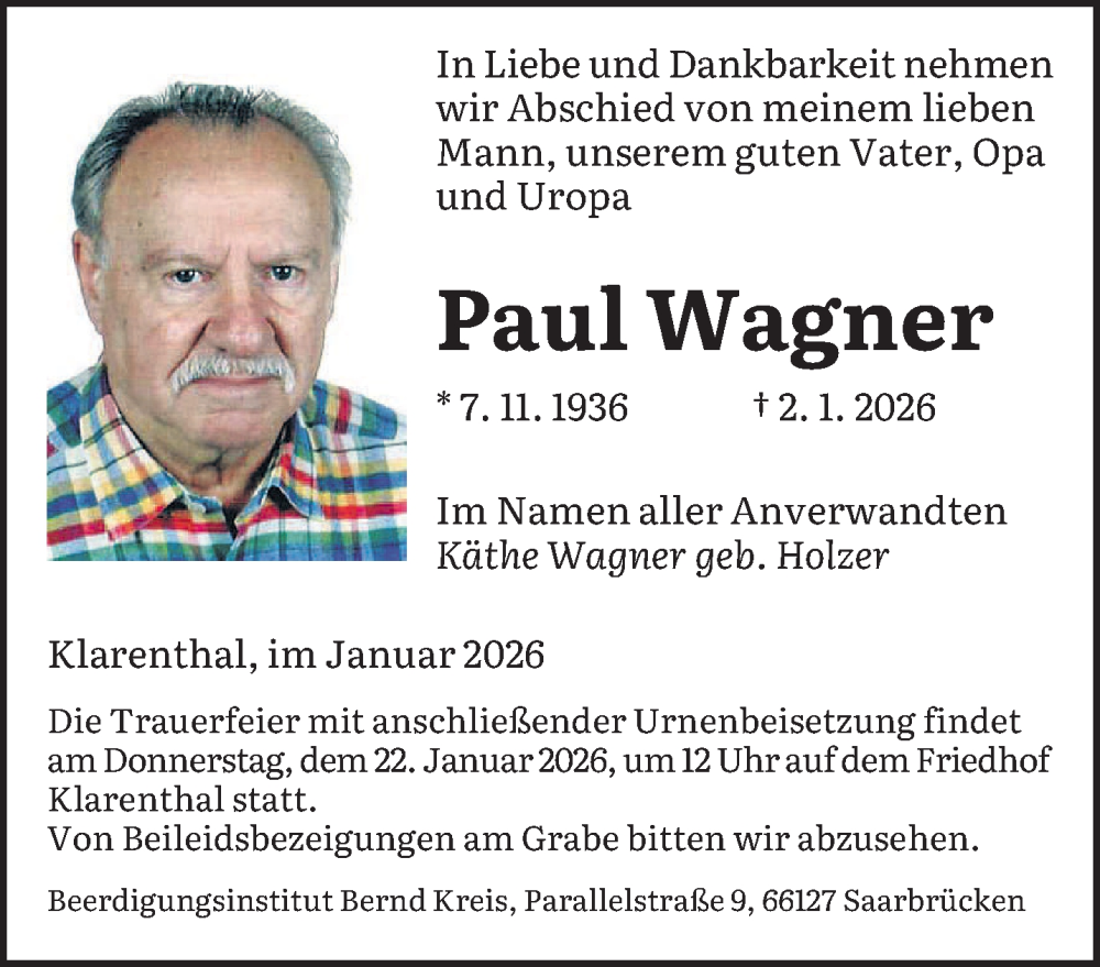  Traueranzeige für Paul Wagner vom 17.01.2026 aus saarbruecker_zeitung