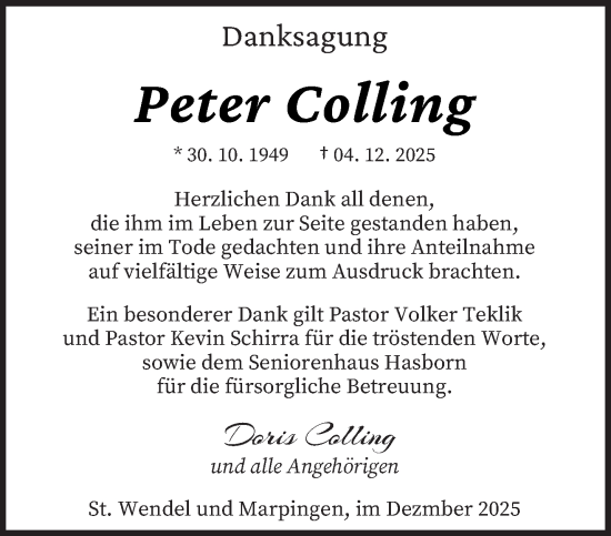 Traueranzeige von Peter Colling von saarbruecker_zeitung