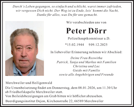 Traueranzeige von Peter Dörr von saarbruecker_zeitung
