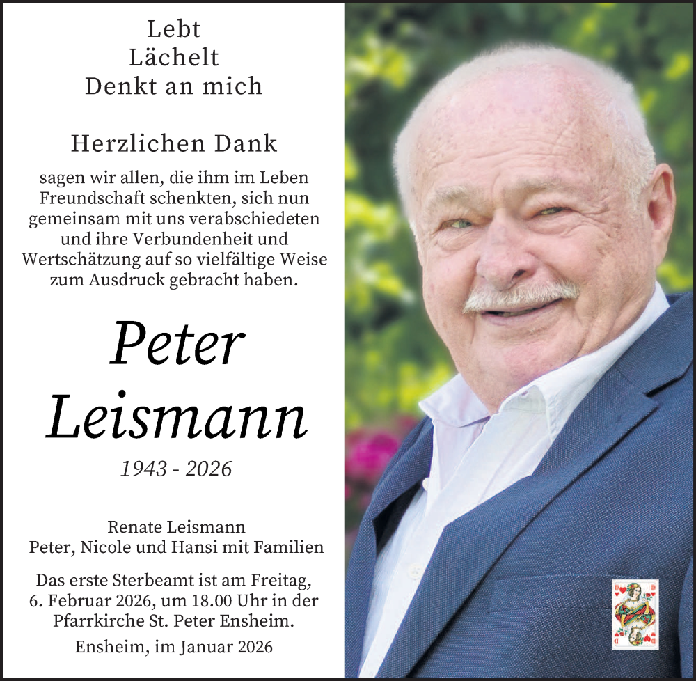  Traueranzeige für Peter Leismann vom 31.01.2026 aus saarbruecker_zeitung