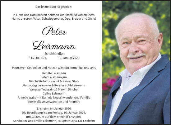 Traueranzeige von Peter Leismann von saarbruecker_zeitung
