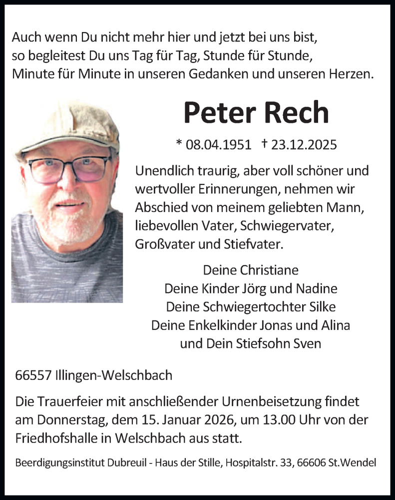 Traueranzeige für Peter Rech vom 14.01.2026 aus saarbruecker_zeitung