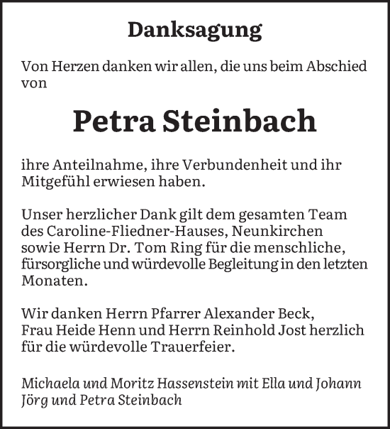 Traueranzeige von Petra Steinbach von saarbruecker_zeitung