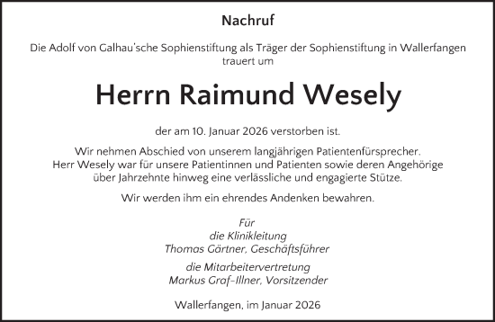 Traueranzeige von Raimund Wesely von saarbruecker_zeitung