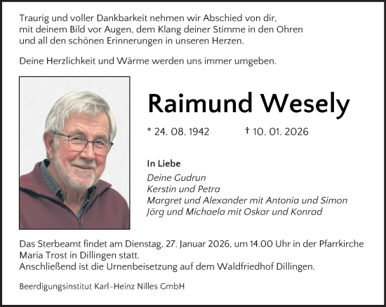Traueranzeige von Raimund Wesely von saarbruecker_zeitung