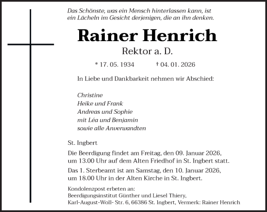 Traueranzeige von Rainer Henrich von saarbruecker_zeitung