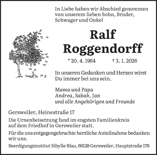 Traueranzeige von Ralf Roggendorff von saarbruecker_zeitung