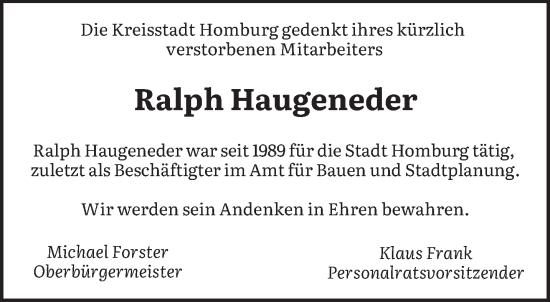 Traueranzeige von Ralph Haugeneder von saarbruecker_zeitung