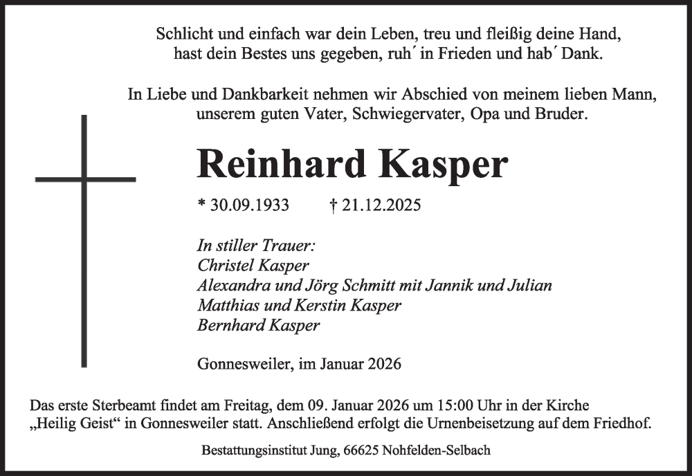  Traueranzeige für Reinhard Kasper vom 03.01.2026 aus saarbruecker_zeitung