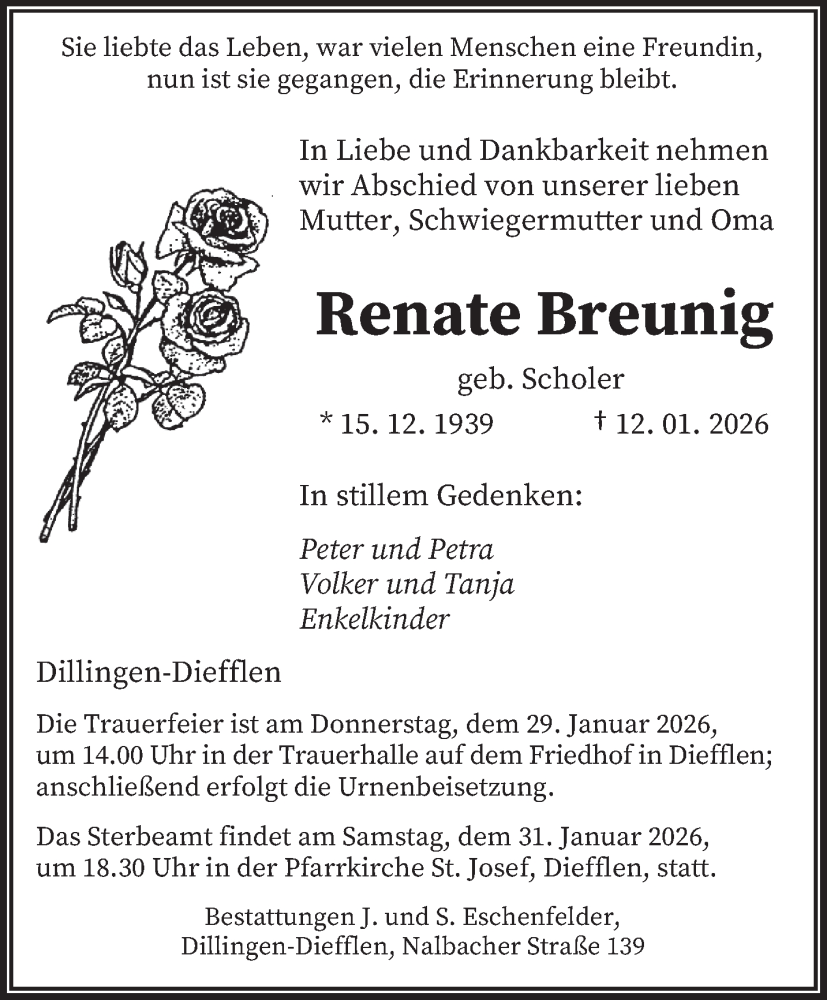  Traueranzeige für Renate Breunig vom 17.01.2026 aus saarbruecker_zeitung