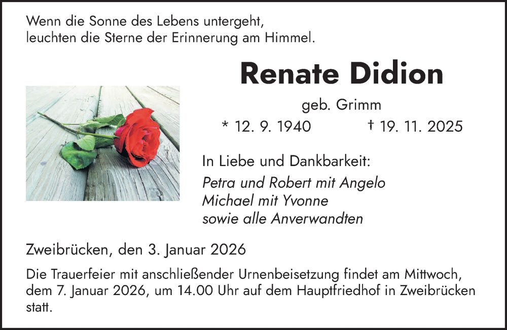  Traueranzeige für Renate Didion vom 03.01.2026 aus saarbruecker_zeitung